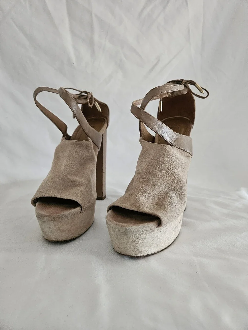Aquazzura Beige Taupe Suede Platform Peep-Toe Heels